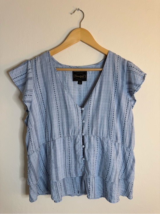 Threadgrit Tops - Threadgrit Blue Striped Button-Front V-Neck Top Blouse Size XL